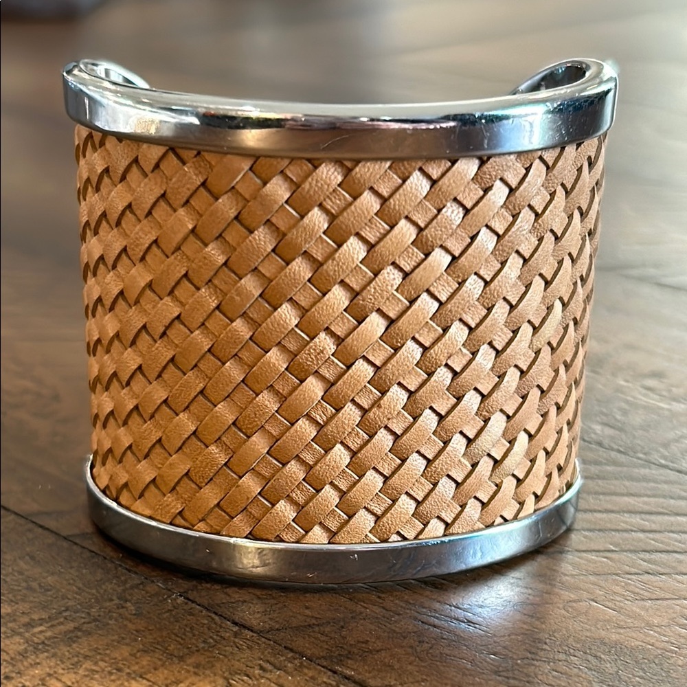 Michael Kors Leather Weave Silver Tone Signed Cuff Bracelet